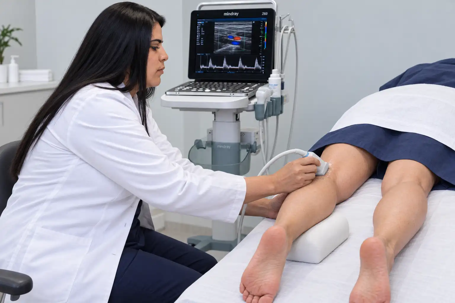 Dra. Soledad Gómez realizando un eco Doppler venoso a una paciente